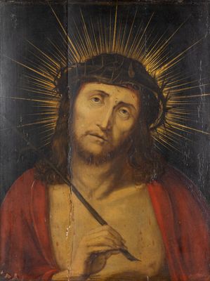 an old painting of jesus holding a cross in his right hand