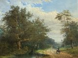 un tableau représentant un homme à cheval sur un chemin de terre