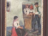 une peinture à l'huile représentant une femme et deux enfants assis dans une charrette