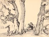 un dessin représentant un homme debout à côté d'un arbre