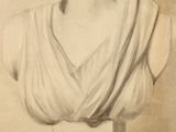 an old drawing of a bust of a woman wearing a white dress