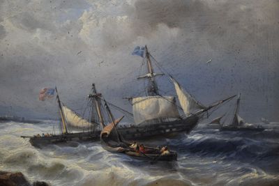a painting of a ship in the water with other boats in the water