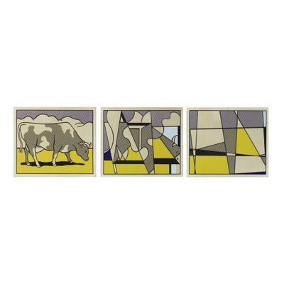 three paintings of cows in a field with yellow and blue