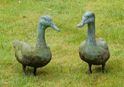 deux statues de canards debout côte à côte dans l'herbe