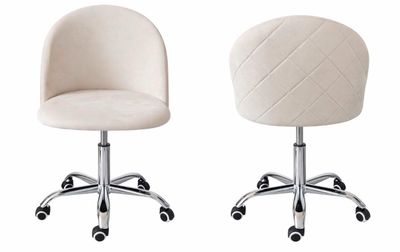 two white office chairs with wheels on a white background
