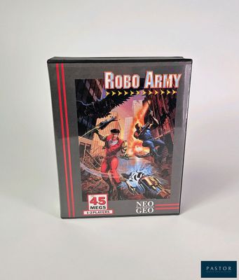 La boîte de « Robo Army » est posée sur une surface blanche.