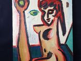 une peinture à l'huile représentant une femme tenant un objet vert dans sa main droite