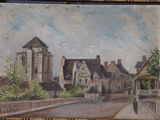 a painting on the wall of a building with a man walking down the street
