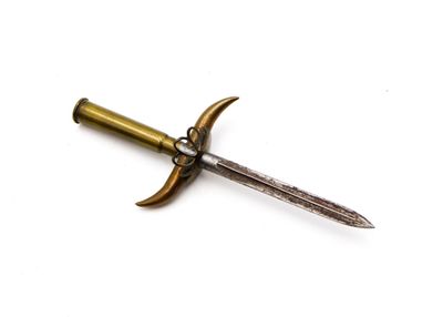 an image of a metal sword with a wooden handle on a white surface