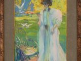 an oil painting of a woman in a white dress and hat