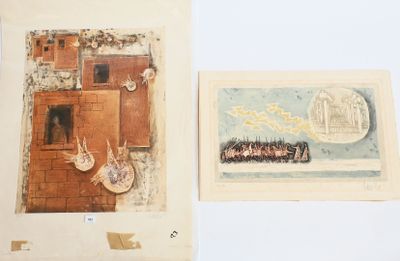 deux tableaux représentant un bâtiment et un tableau représentant un bateau