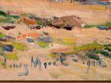 a painting of a beach scene with boats on the water