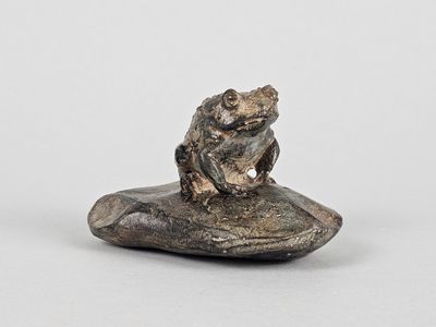 une image représentant une grenouille assise sur un rocher posé sur une surface blanche