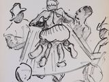 dessin représentant une femme en robe, armée d'une épée, entourée d'autres personnes