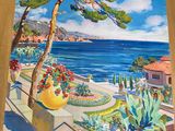 un tableau représentant une vue sur l'océan depuis un balcon