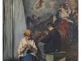 painting of a woman sitting on a stool in front of a painting