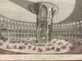 un dessin représentant une tour horloge dans une grande pièce