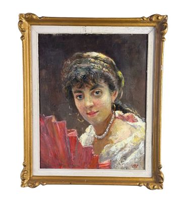 tableau représentant une femme en robe blanche tenant un sac rouge