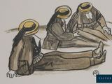 un dessin représentant trois personnes assises par terre