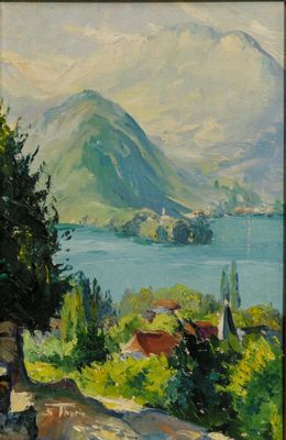 une peinture à l'huile représentant une vue sur un lac et une chaîne de montagnes