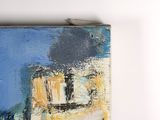 an oil painting of a blue and yellow painting on a white wall