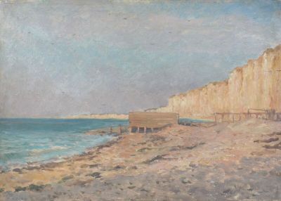painting of a view of a beach with a bench and a cliff