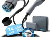 une image représentant un chargeur pour voiture électrique auquel est branché un câble de recharge