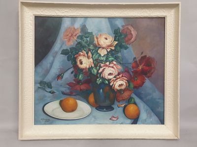 a picture of a painting of flowers and fruit on a table
