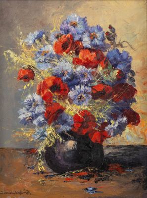 tableau représentant des fleurs rouges et bleues dans un vase noir posé sur une table