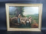 une photo d'un tableau représentant une femme s'occupant d'un troupeau de moutons