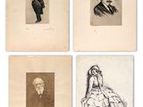 four antique prints of people in formal clothes and hats