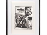 a black and white drawing of a picture of a man in a chair