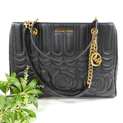 michael korsch black quilted tote bag with gold hardware