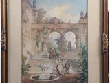une image représentant un tableau d'un jardin avec une fontaine au premier plan