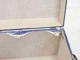 a blue and white suitcase sitting on the floor