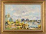 an oil painting of a river scene with boats in the water
