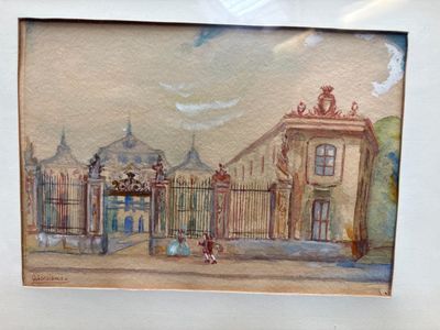 une photo d'un tableau représentant un bâtiment avec un portail