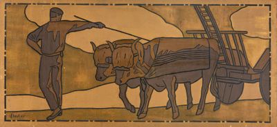 a painting of a man and a horse pulling a cart