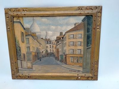 tableau représentant une scène de rue avec des bâtiments et une église en arrière-plan