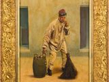 une peinture à l'huile représentant un homme en train de balayer le sol avec un balai