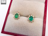 an image of a pair of emerald and diamond earrings in a red box