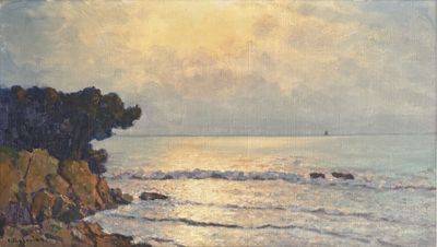 painting of a sunset over the ocean with a boat in the distance