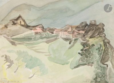 une aquarelle représentant une petite ville située sur une colline