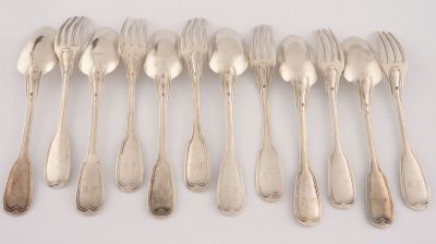 eight silverplated spoons and forks arranged in a row on a white surface