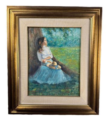 a painting of a woman sitting under a tree holding a baby