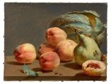 a painting of peaches, pears, and cabbage on a table