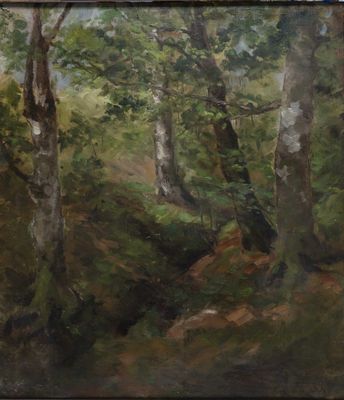 tableau représentant un paysage boisé avec des arbres et un ruisseau au premier plan