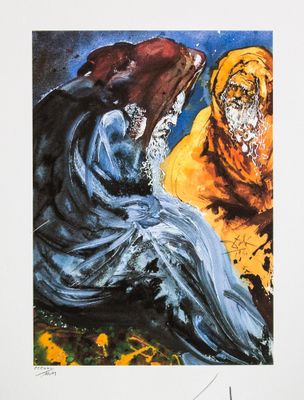 une image représentant un tableau où l'on voit une femme et un chien dans un champ