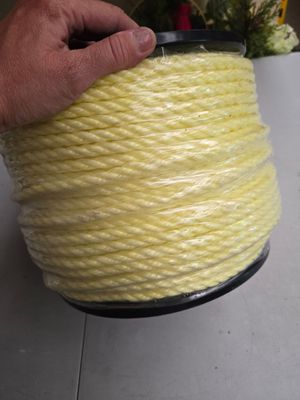 une personne tenant une bobine de corde jaune posée sur une table