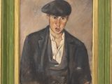painting of a man in a hat and jacket in a green frame